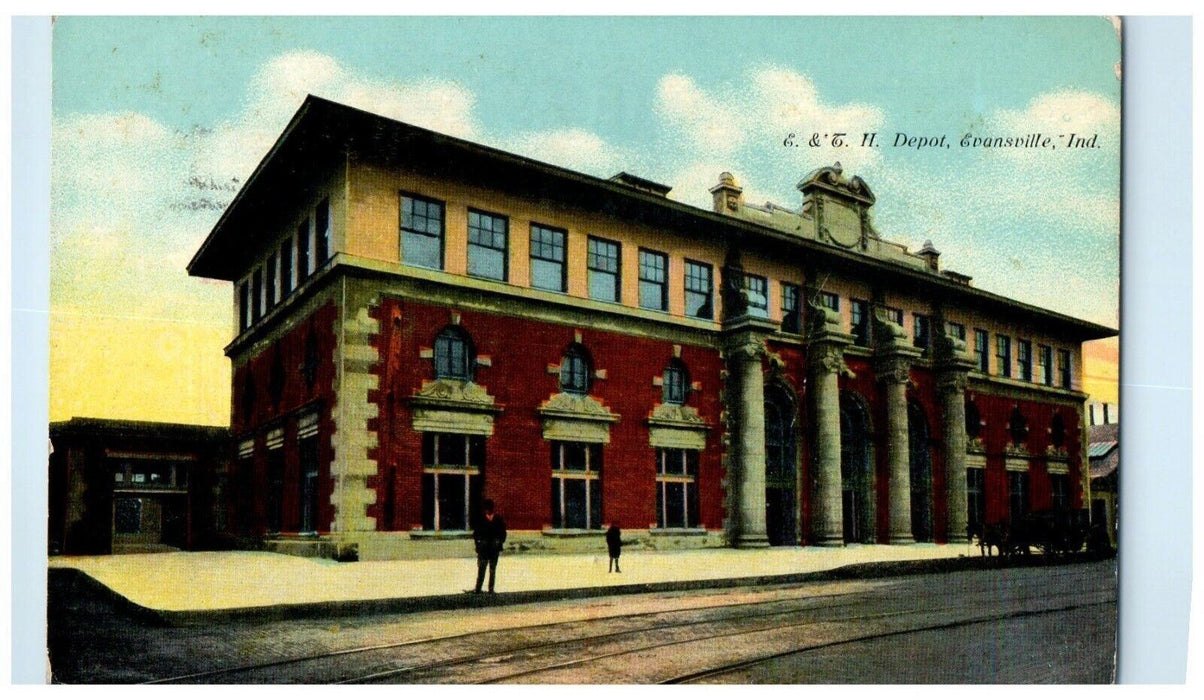 1914 E. & T. H. Depot Station Evansville Indiana IN Posted Antique Postcard