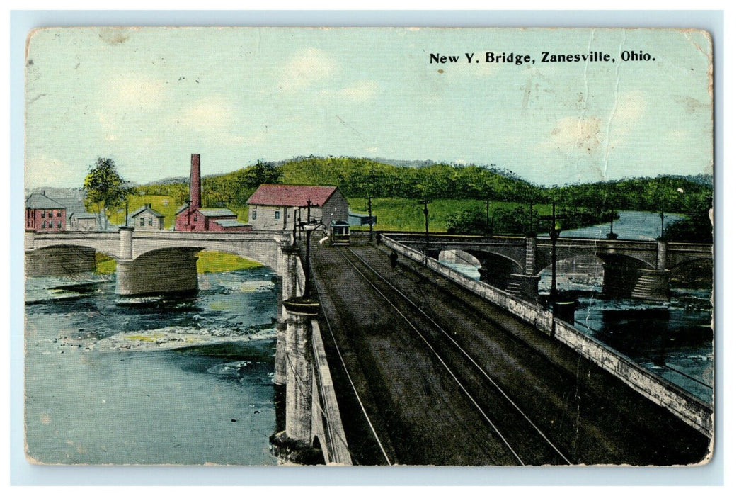 c1912 New Y. Bridge Trolley Train Zanesville Philo Ohio OH Antique Postcard