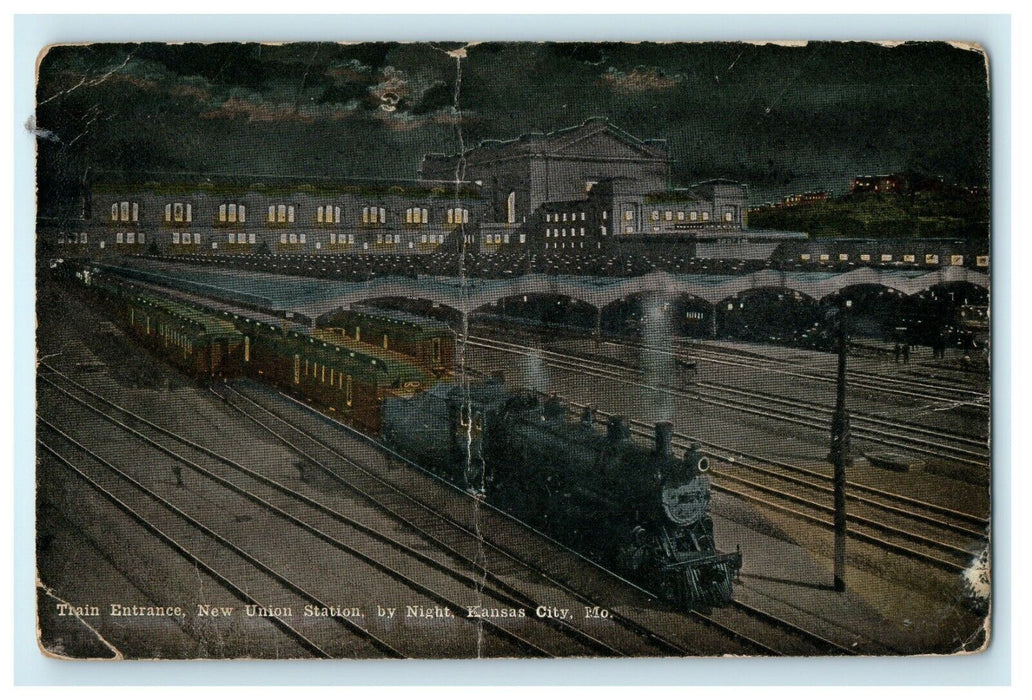 1921 New Union Station, By Night, Kansas City, Missouri MO Postcard