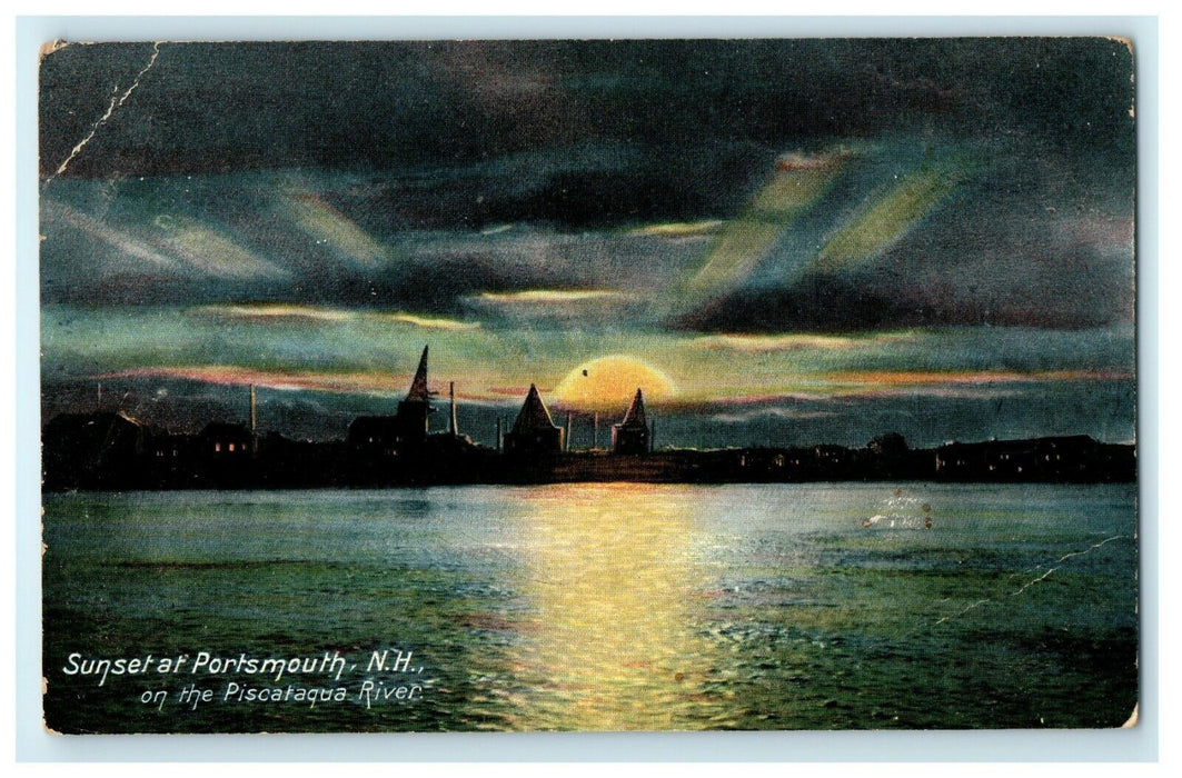 1907 Sunset on Piscataqua River, Portsmouth New Hampshire, NH Antique Postcard