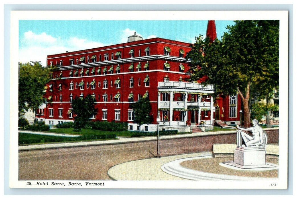 1933 Statue and Tree Near Hotel Barre, Barre, Vermont VT Unposted Postcard