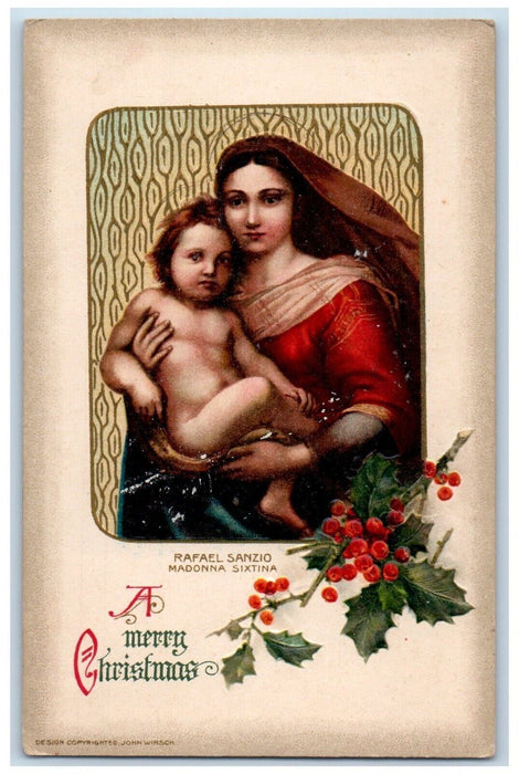 Christmas Rafael Sanzio Madona Sixtina Holly John Winsch Artist Signed Postcard