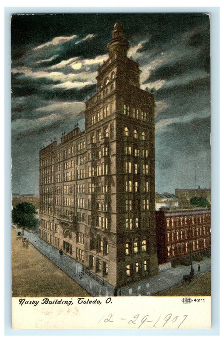 1907 Nasby Building By Night, Toledo Ohio OH Antique Postcard