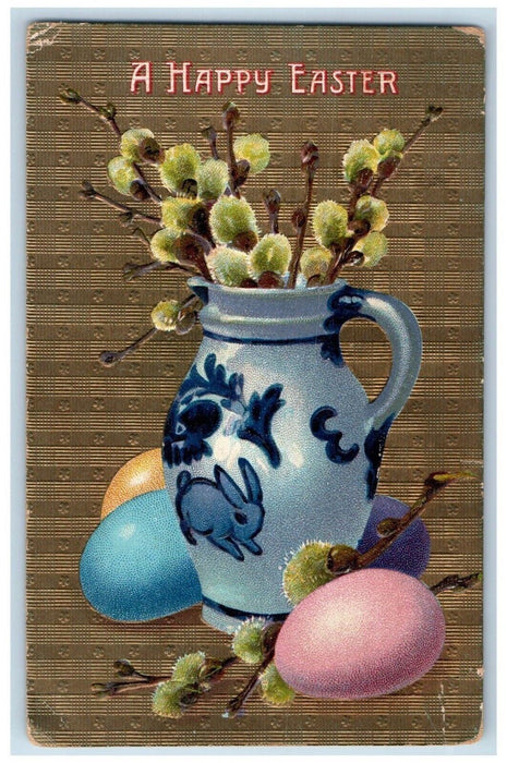1910 Happy Easter Flowers In Jar Eggs Embossed Serena Illinois IL Postcard