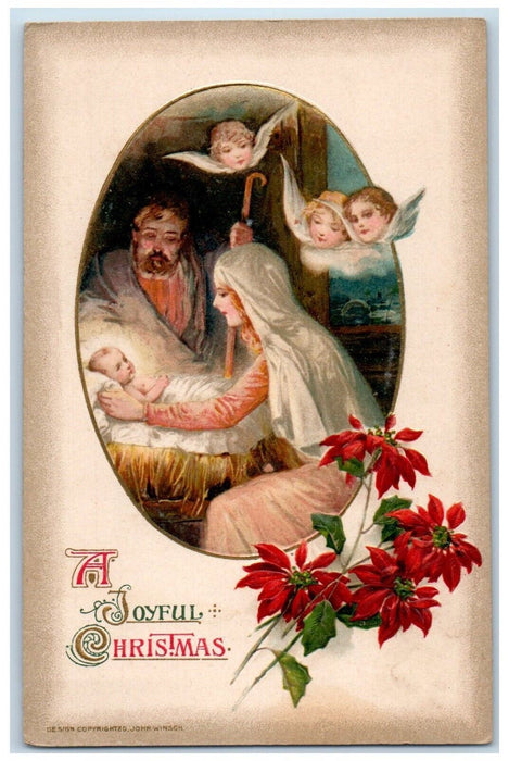 Christmas Baby Jesus Angels Poinsettia Holly John Winsch Religious Postcard