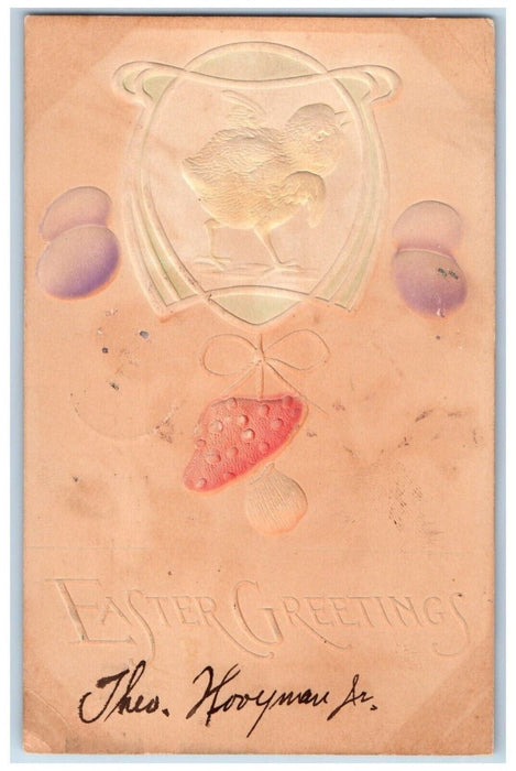 1907 Easter Greetings Eggs Chick Mushroom Embossed Newark NJ Antique Postcard