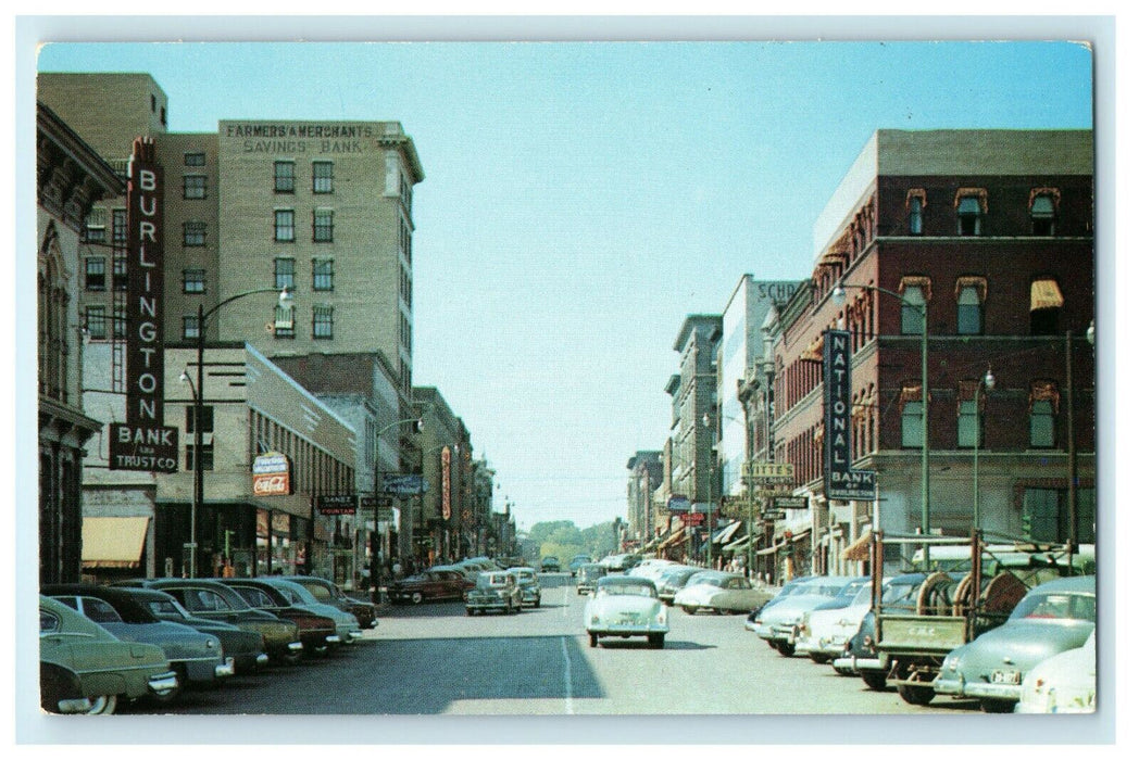 Jefferson Street Burlington Bank And Trust Co. Vintage Cars Iowa IA Postcard
