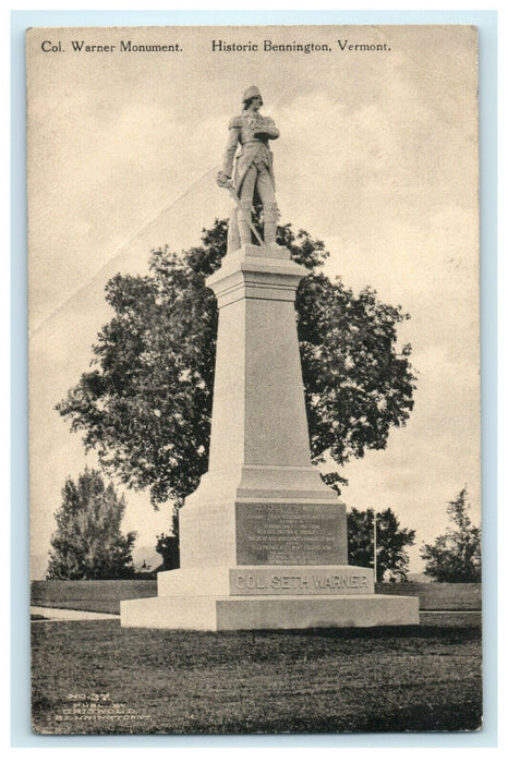 c1913 Col Warner Monument Historic Bennington Vermont VT Antique Postcard