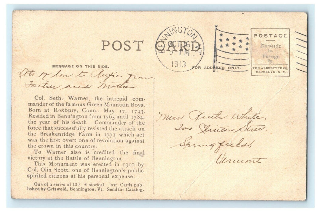 c1913 Col Warner Monument Historic Bennington Vermont VT Antique Postcard