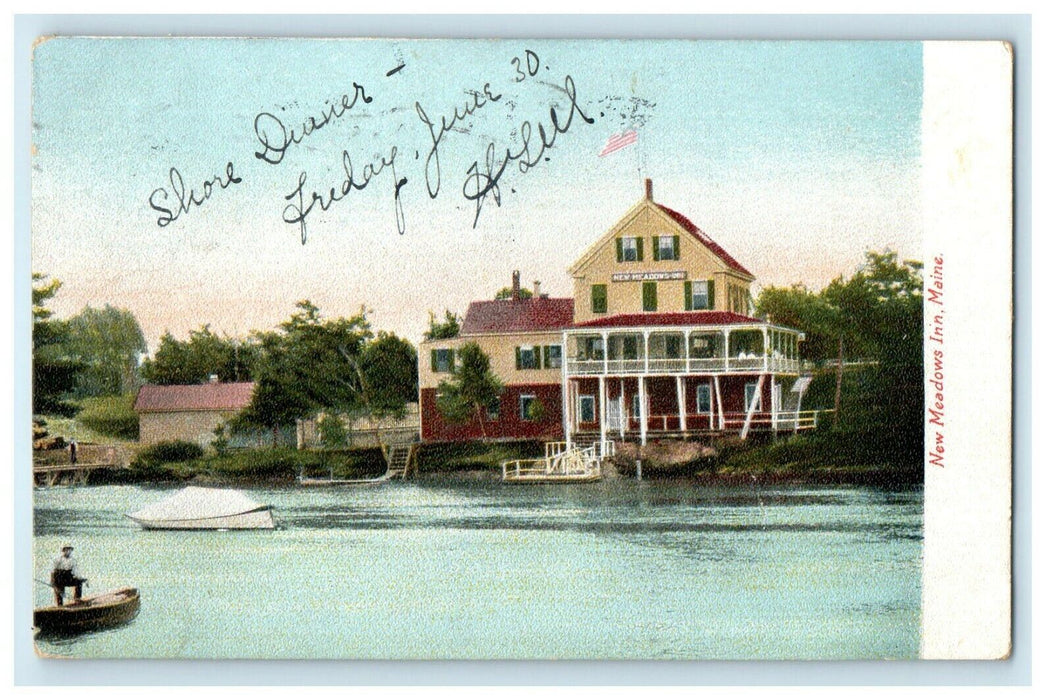 1905 New Meadows Inn Hotel Rowboat View Bath Maine ME Antique Postcard