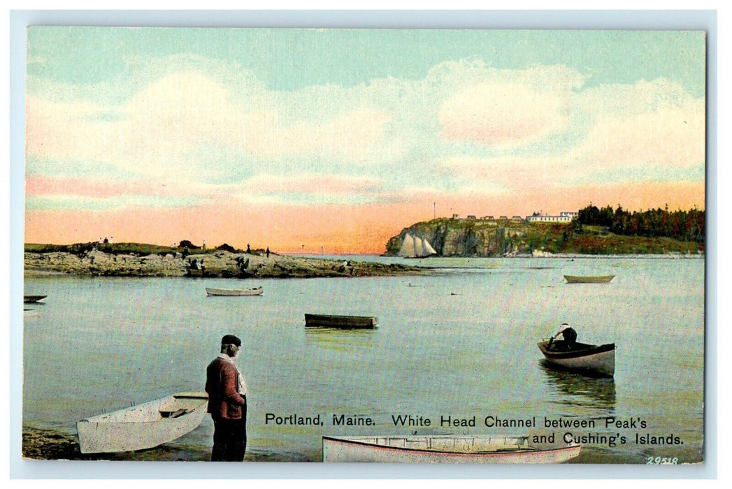 c1910 Boat Scene, White Head Channel, Portland, Maine ME Antique Postcard