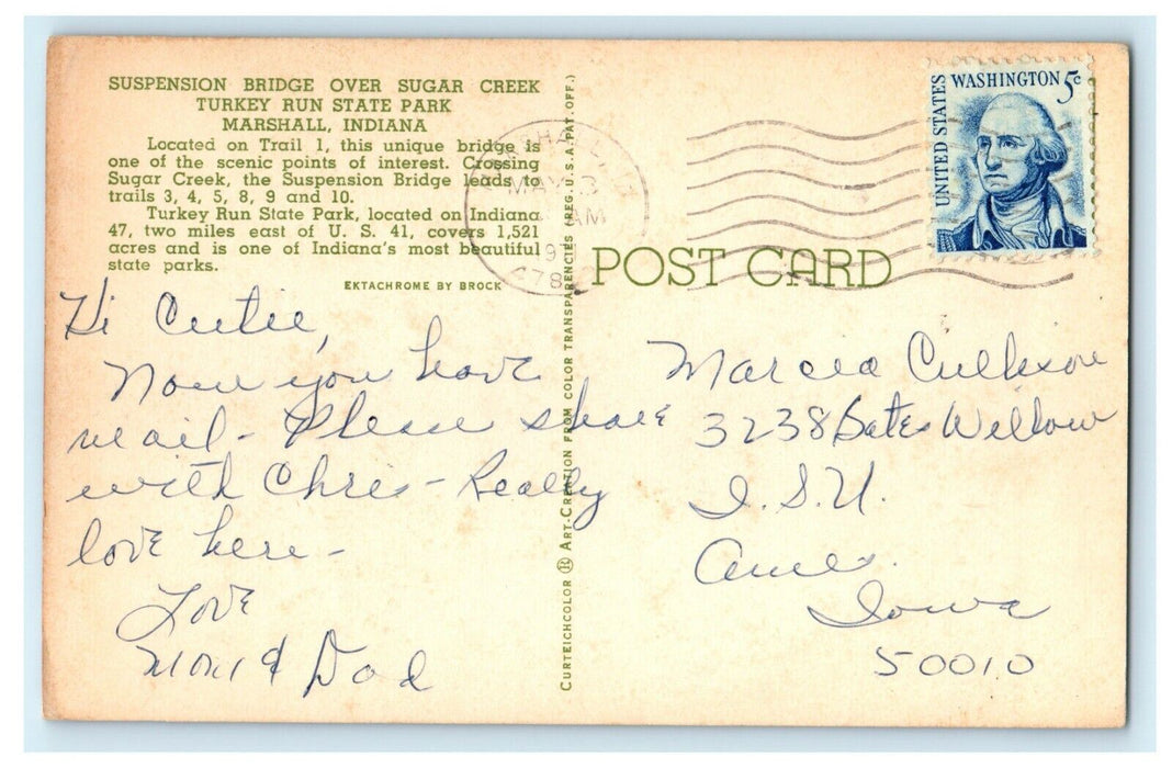 Suspension Bridge Sugar Creek Turkey Run State Park Marshall Indiana IN Postcard