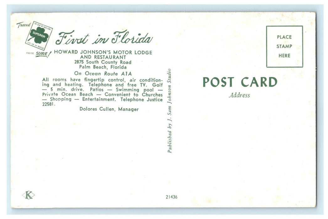 Howard Johnson's Motor Lodge And Restaurant Palm Beach Florida FL Postcard