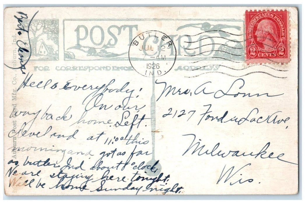 1926 Hotel Butler Building Car Butler Indiana IN Posted Vintage Postcard