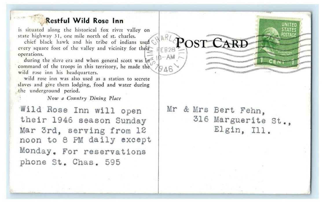 c1946 Restful Wilds Rose Inn Saint Charles Illinois IL Posted Vintage Postcard