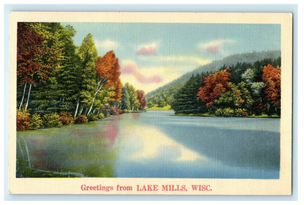 1940 Nature Scene, Greetings from Lake Mills, Wisconsin WI Vintage Postcard