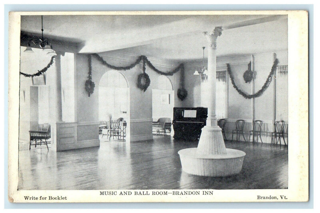 c1912 Music and Ball Room, Brandon Inn, Brandon Vermont VT Postcard