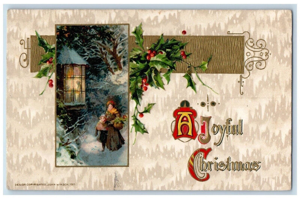 c1910 Christmas Mother Daughter Winter Holly John Winsch Artist Signed Postcard