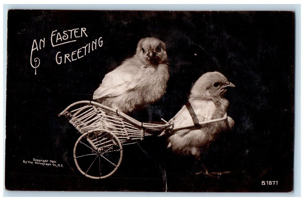1915 Easter Greeting Chick Pulling Cart Detroit Michigan MI RPPC Photo Postcard