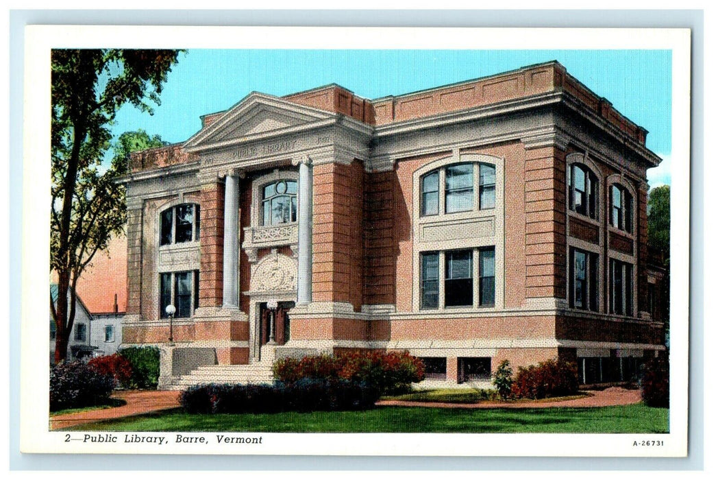 1925 Public Library, Barre, Vermont VT Unposted Vintage Postcard