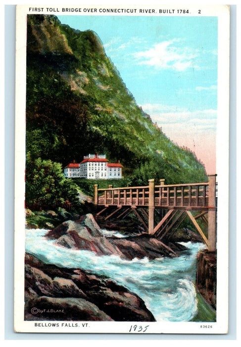 1935 First Toll Bridge Over Connecticut River Bellows Falls Vermont VT Postcard