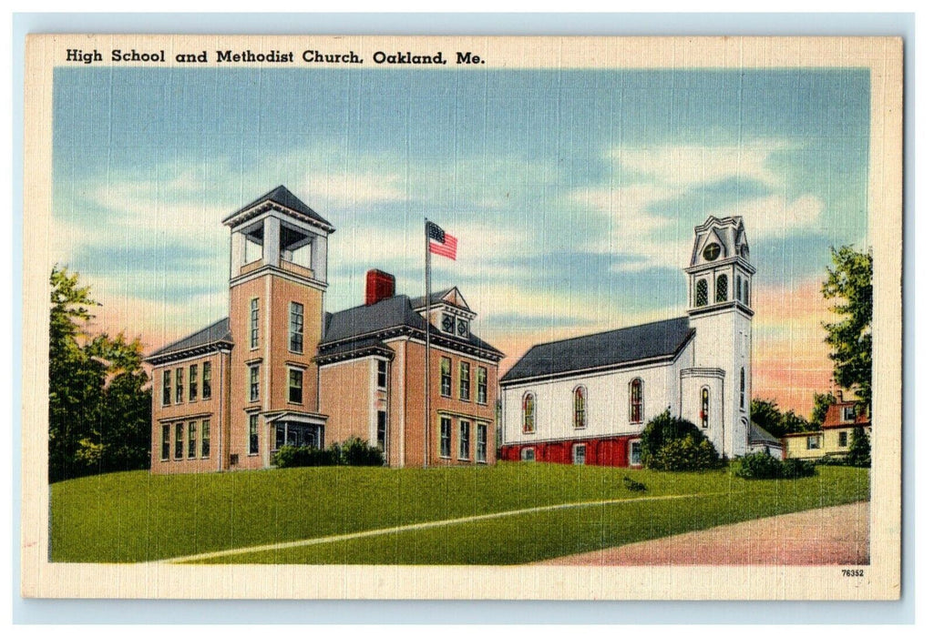 c1930's High School And Methodist Church Oakland Maine ME Vintage Postcard