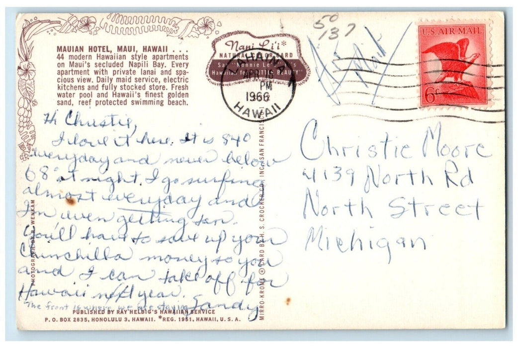 1966 Mauian Hotel Apartments Napili Bay Maui Hawaii HI Posted Vintage Postcard
