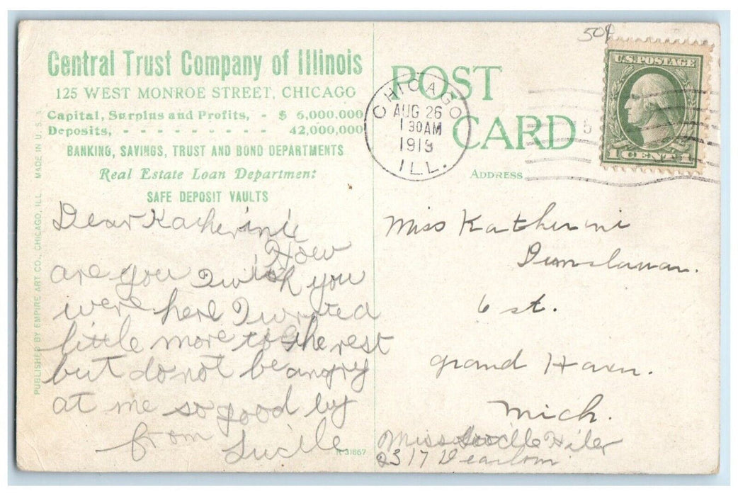 1913 Central Trust Company Of Illinois Street View Cars Chicago IL Postcard