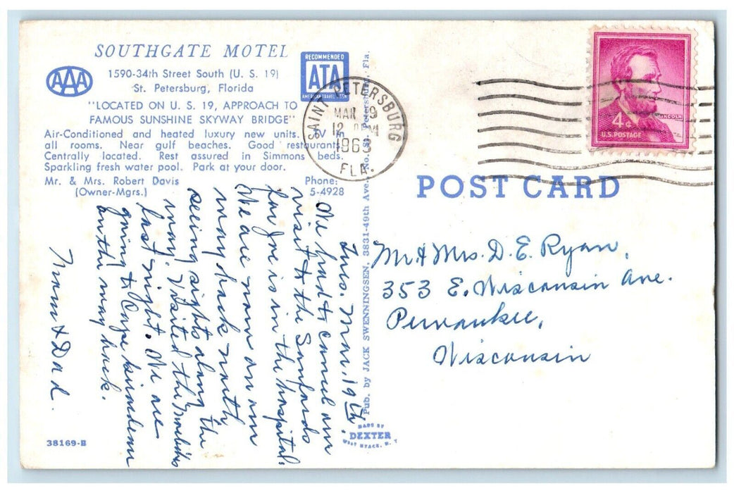 1963 Southgate Motel Swimming Pool Car St. Petersburg Florida FL Posted Postcard