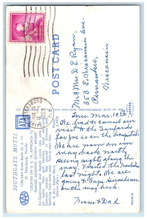 1963 Southgate Motel Swimming Pool Car St. Petersburg Florida FL Posted Postcard