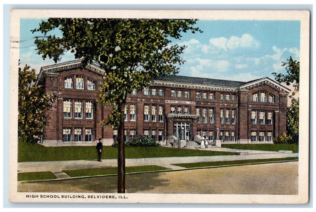 1919 High School Building Street View Belvidere Illinois IL Vintage Postcard