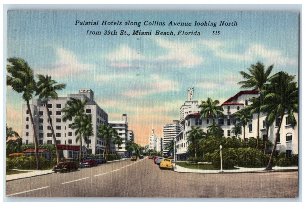 1952 Palatial Hotels Collins Avenue Looking North Cars Miami Beach FL Postcard