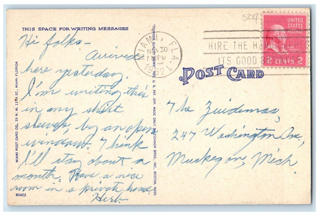 1952 Palatial Hotels Collins Avenue Looking North Cars Miami Beach FL Postcard