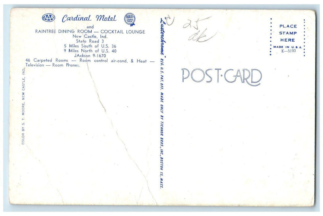 c1950's Cardinal Motel & Raintree Dining Room New Castle IN Vintage Postcard