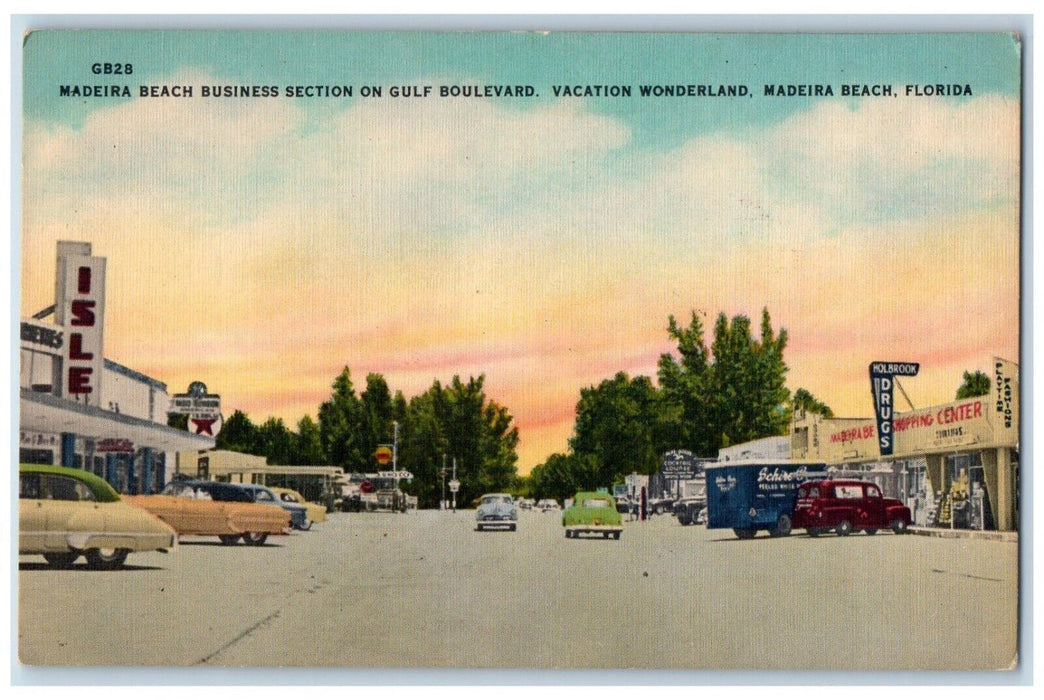Madeira Beach FL, Business Section Gulf Boulevard Isle Drugstore Cars Postcard