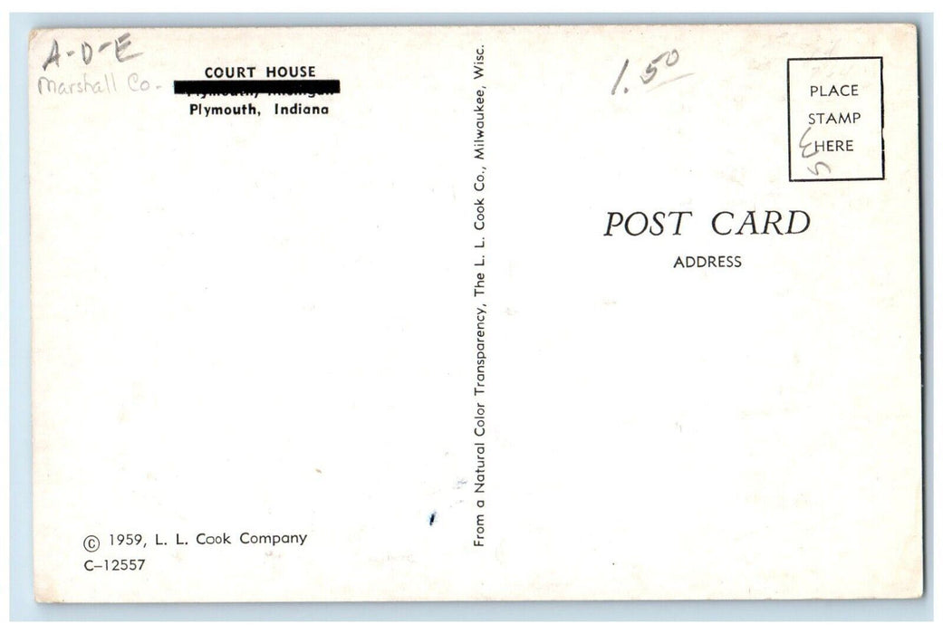 c1950's Court House Building Plymouth Indiana IN Unposted Vintage Postcard