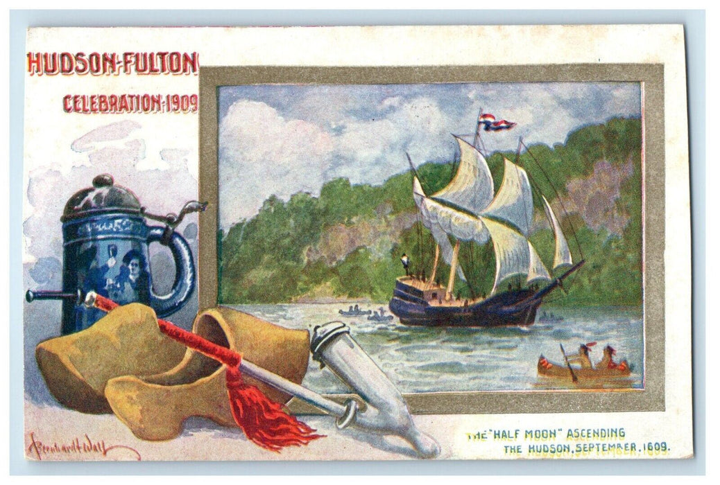 1909 Hudson Fulton Celebration Half Moon Ascending, The Hudson NY Clogs Postcard