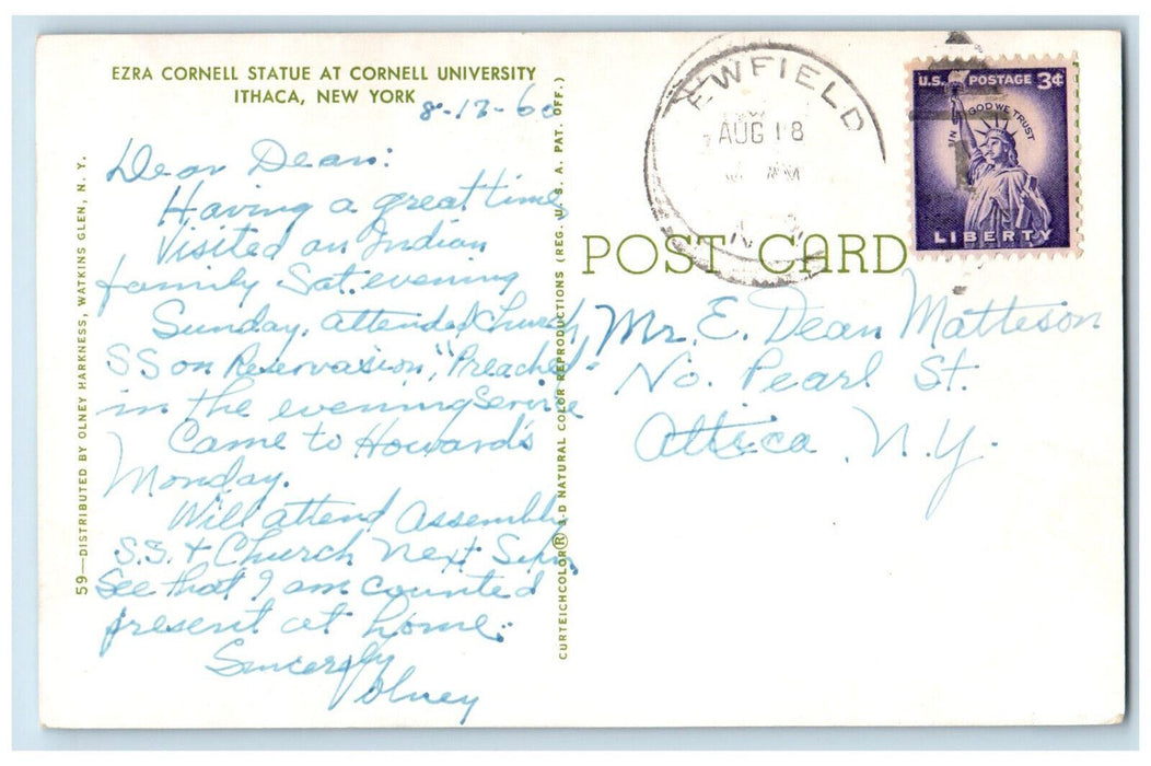 1960 Ezra Cornell Statue at Cornell University Ithaca New York NY Postcard