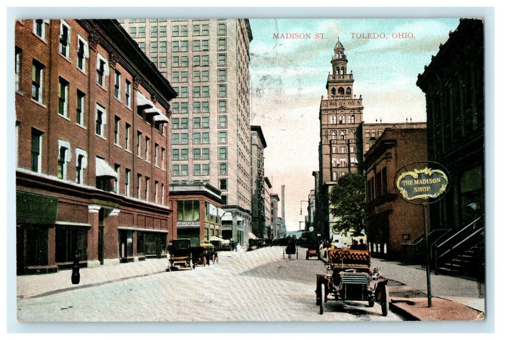 1907 Classic Cars Parked in Madison Street, Toledo Ohio OH Antique Postcard