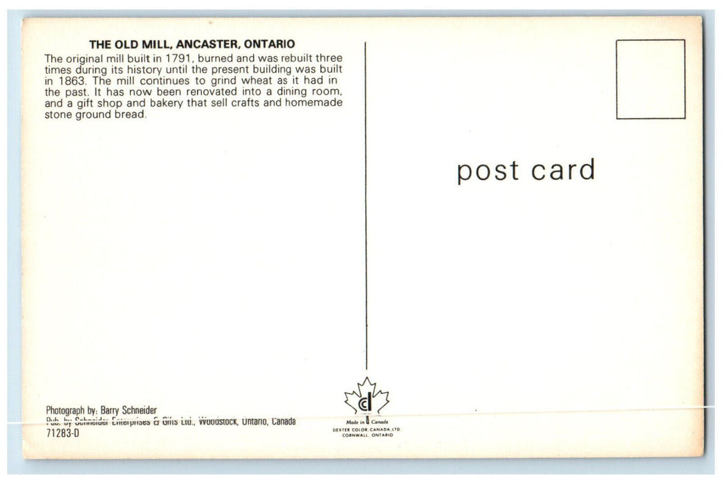 c1960's Burned & Rebuilt Three Times, Old Mill Ancaster Ontario Canada Postcard