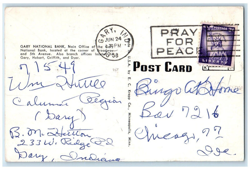 1958 Gary National Bank Building Cars Street View Gary Indiana IN Postcard