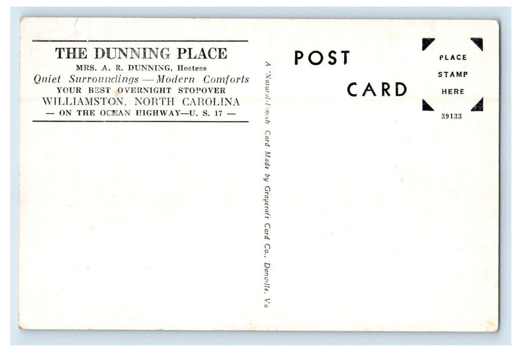 The Dunning Place Williamston North Carolina NC, On The Ocean Hway Postcard