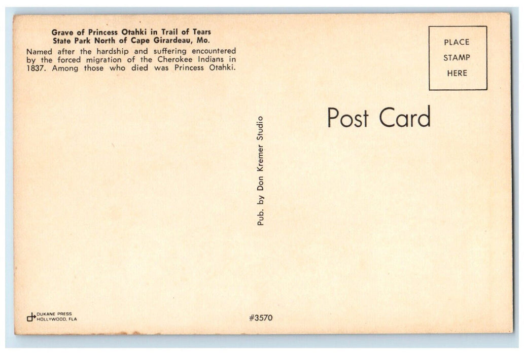 Grave Of Princess Otahki Trail Tears State Park North Cape Girardeau MO Postcard