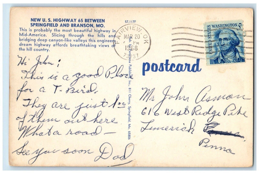 1968 New US Highway 65 Between Springfield And Branson Missouri MO Postcard