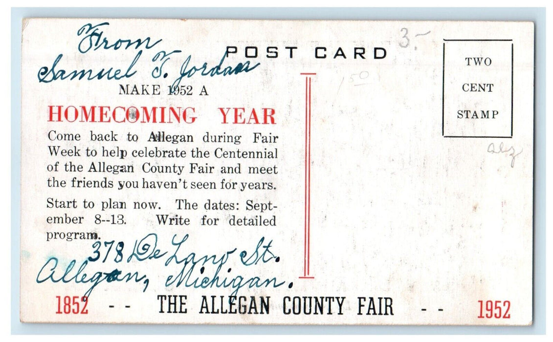 1952 Allegan County Fair Classic Cars Advertising Michigan MI Antique Postcard