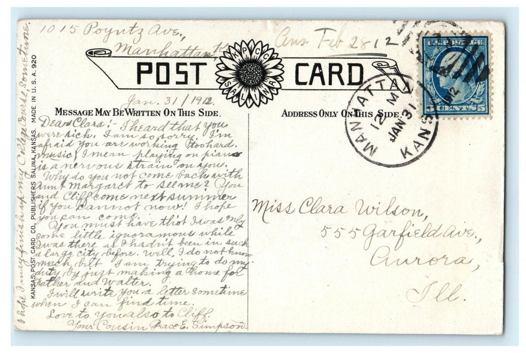 1912 Anderson Hall, Kansas State Agricultural College, Kansas KS Postcard