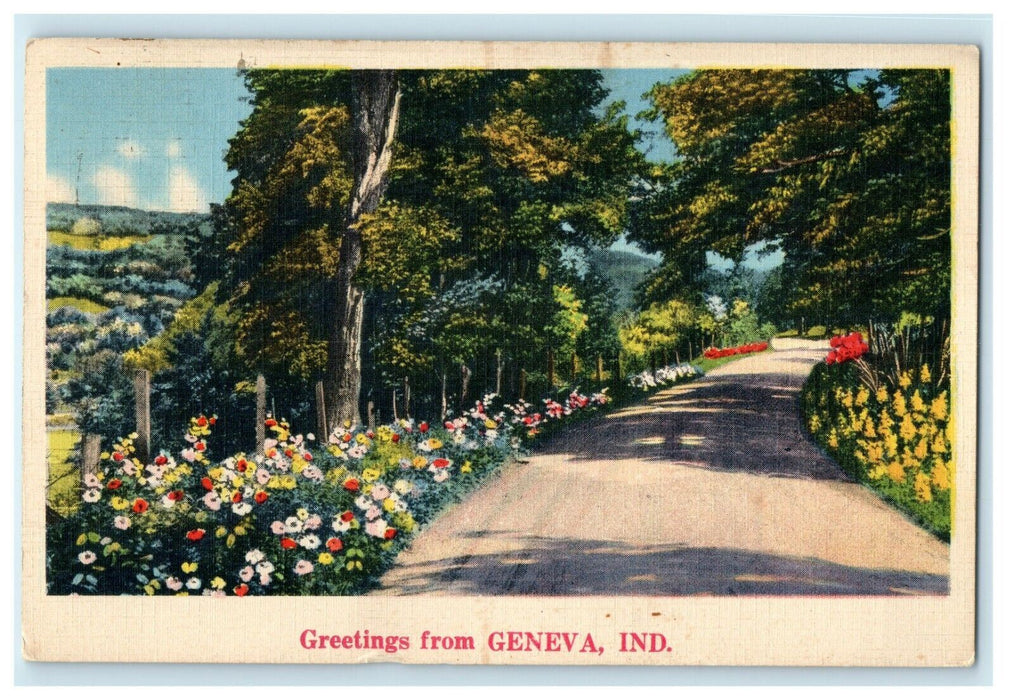 1937 Tree Scene in Greetings from Geneva, Indiana IN Vintage Postcard