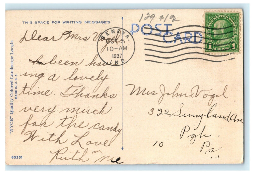 1937 Tree Scene in Greetings from Geneva, Indiana IN Vintage Postcard