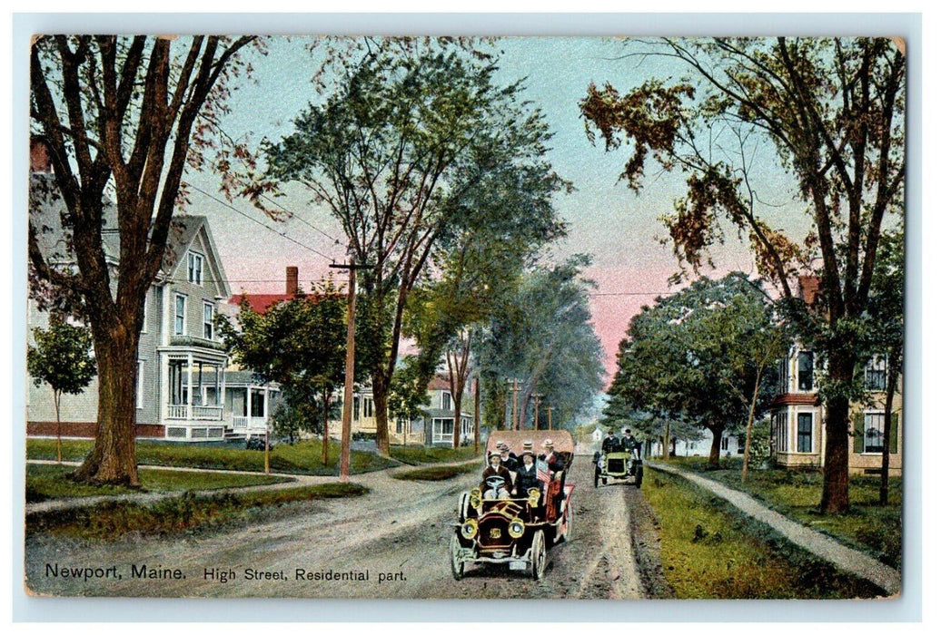 1909 High Street Residential Part Family Rides Newport Maine ME Antique Postcard