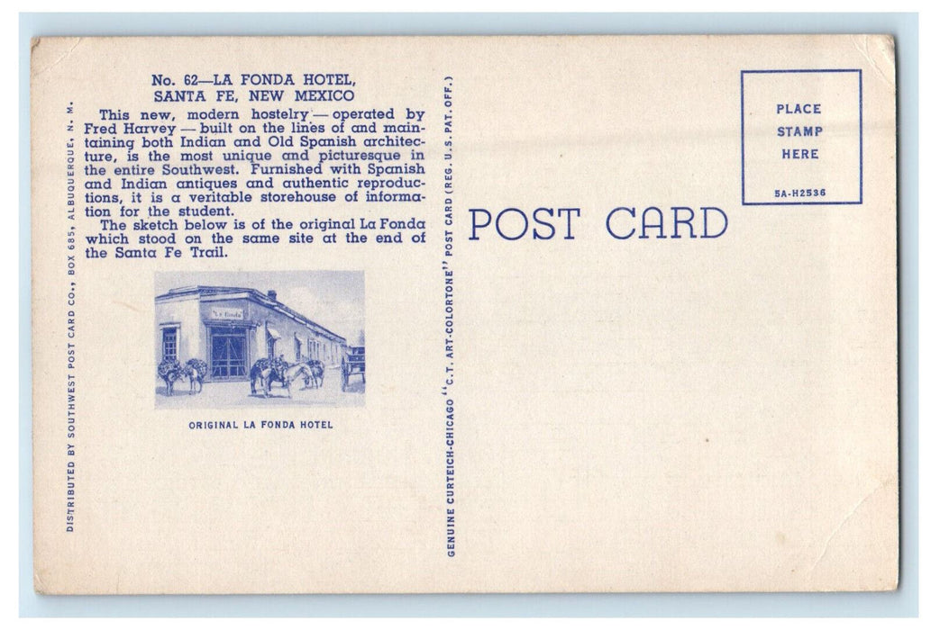 c1940s La Fonda Hotel, Santa Fe New Mexico NM Vintage Unposted Postcard